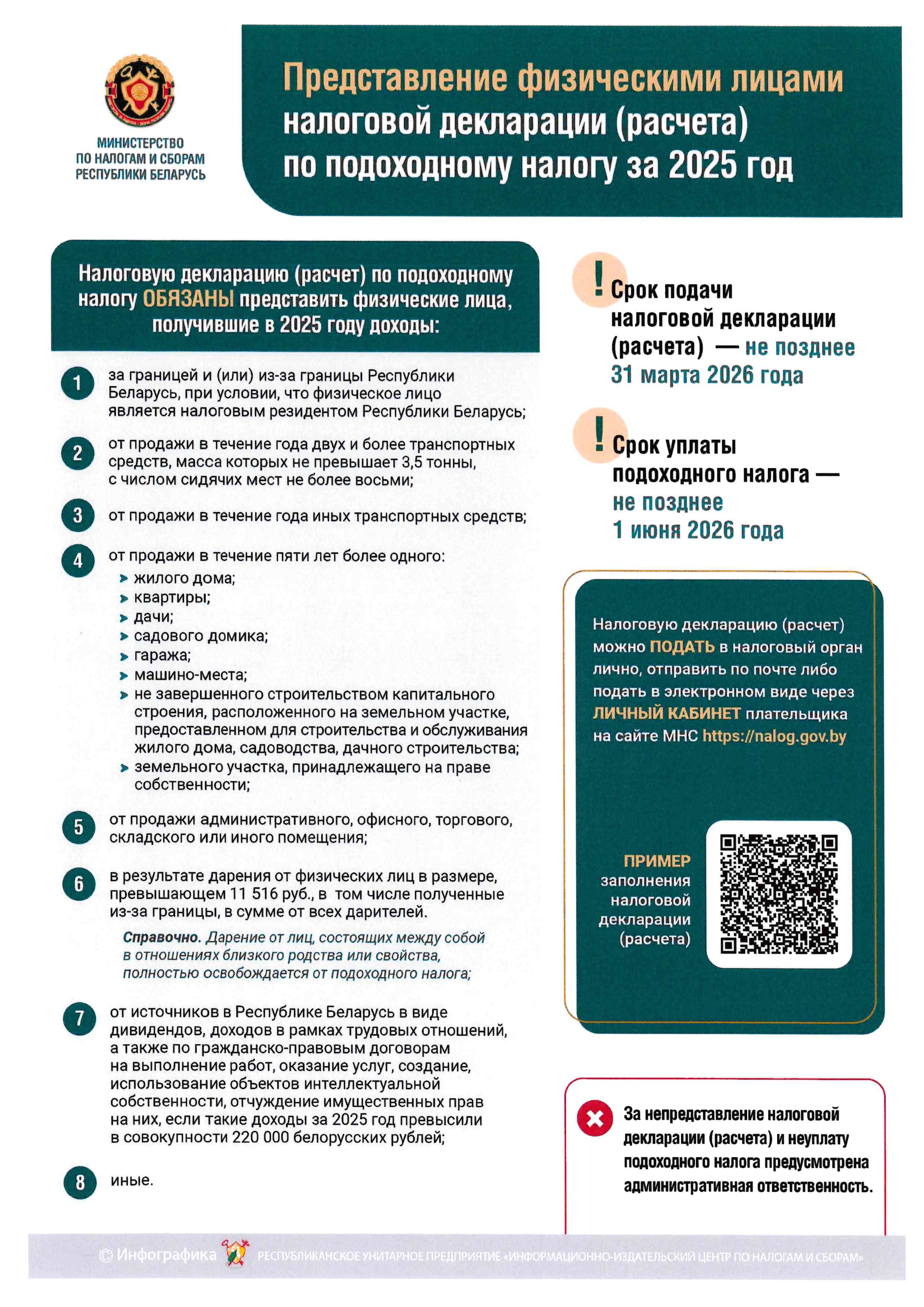 Представление физическими лицами налоговой декларации (расчета) по подоходному налогу за 2025 год